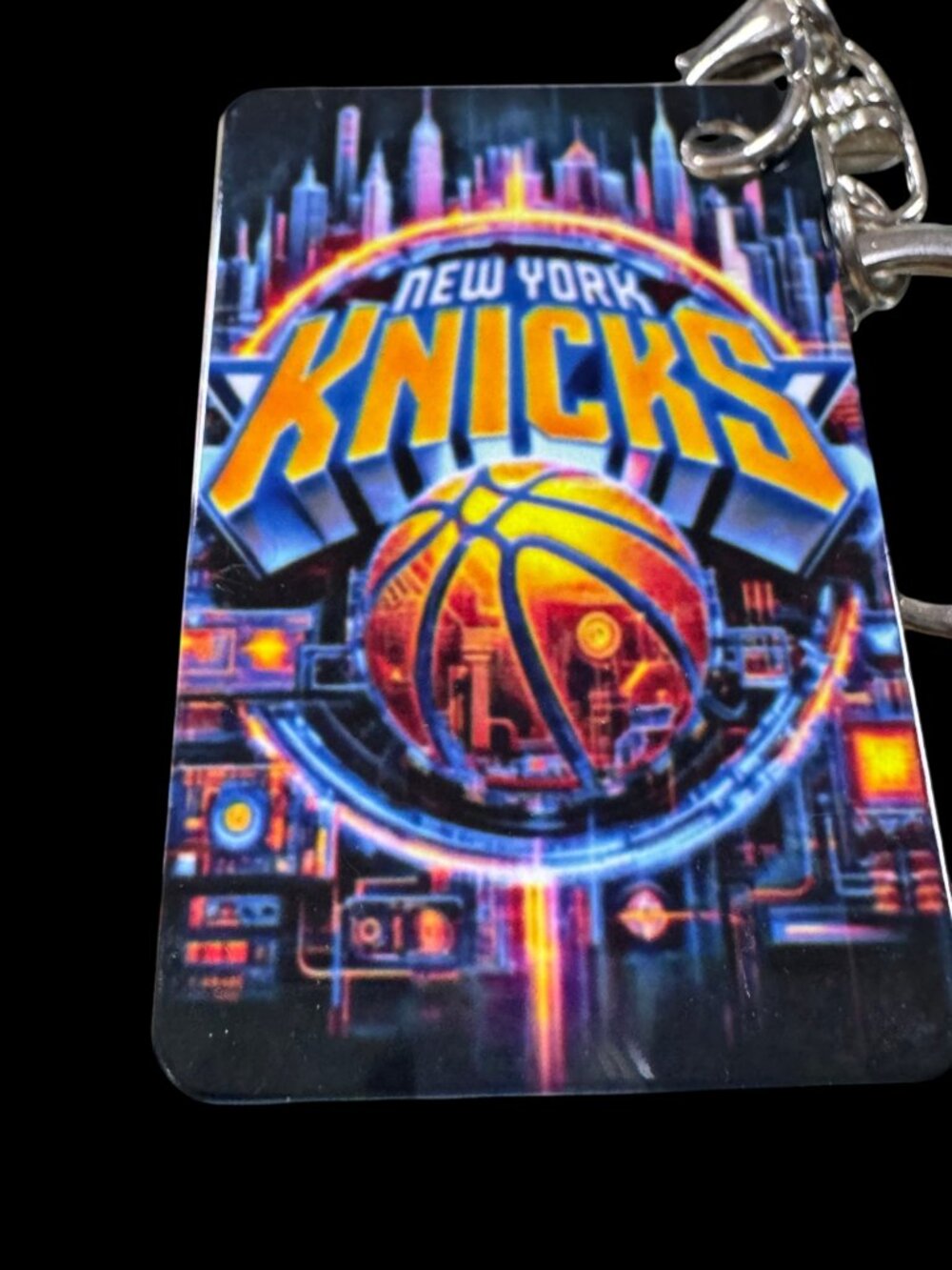 New York Knicks Keychain, Metal, Neon City Skyline Graphic, Lobster Clasp with S